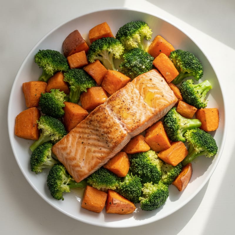 Seared Salmon with Roasted Sweet Potatoes and Steamed Broccoli