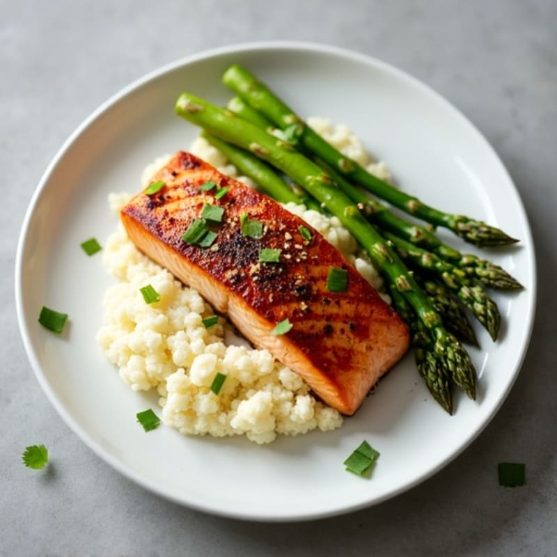 Seared Salmon Fillet with Roasted Asparagus and Cauliflower Mash