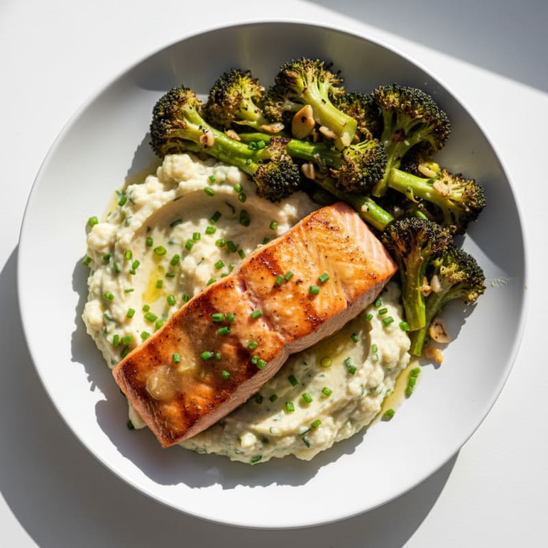 Seared Salmon with Roasted Broccoli and Herb-Cauliflower Mash