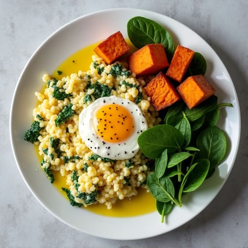 Egg White and Cottage Cheese Scramble with Spinach and Roasted Sweet Potatoes
