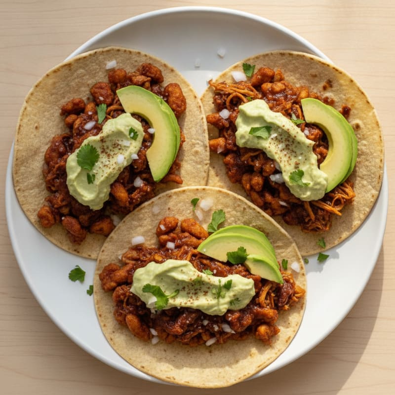 Jackfruit Adobo Tacos with Avocado Crema