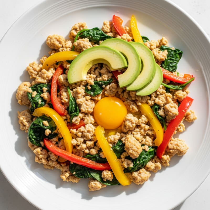 Egg White and Turkey Spinach Scramble with Sautéed Peppers