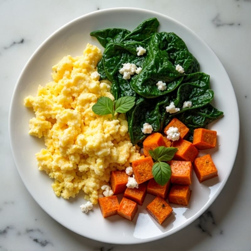 Creamy Scrambled Eggs with Sautéed Spinach and Crispy Sweet Potato Hash