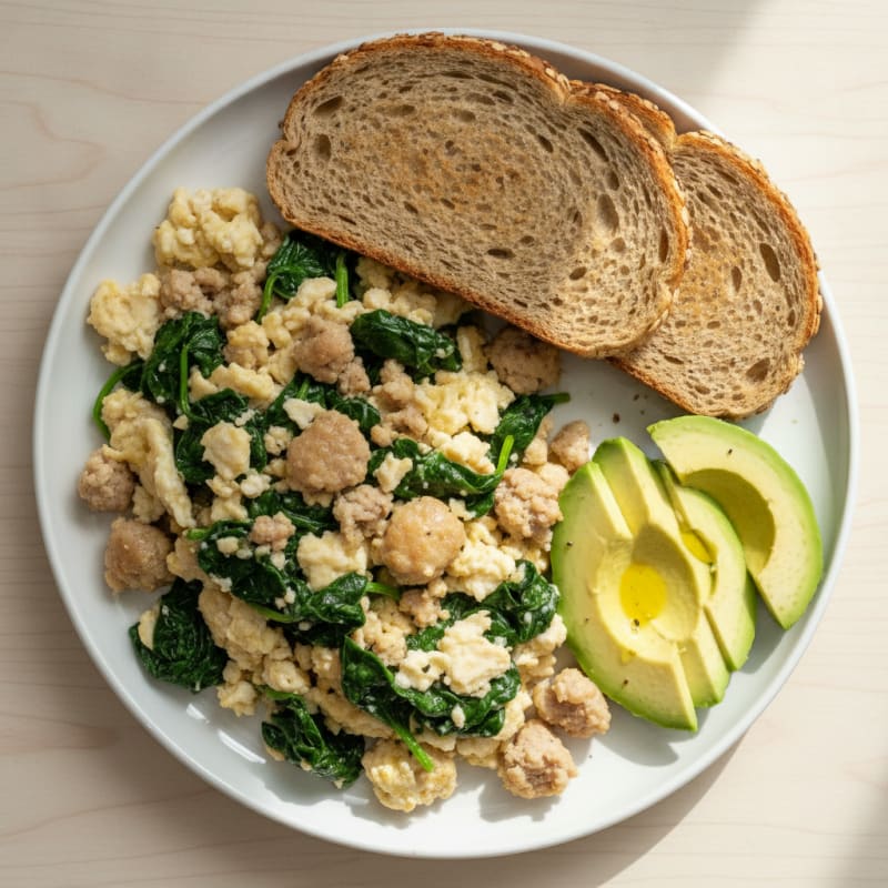 Egg White and Turkey Sausage Scramble with Sautéed Spinach
