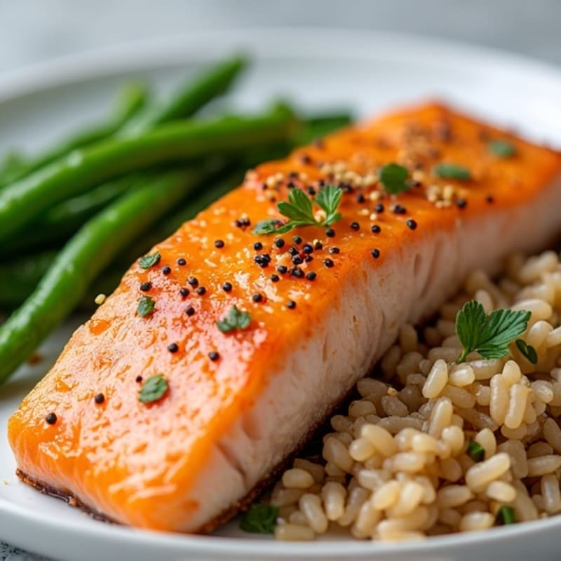 Seared Salmon with Garlic Green Beans and Brown Rice