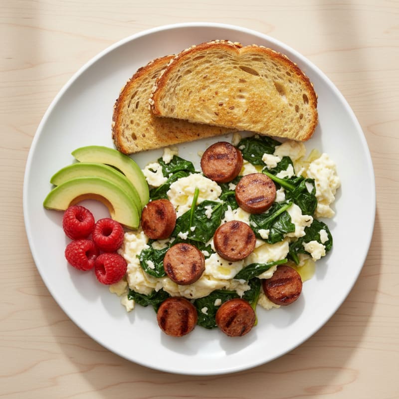 Egg White Spinach Scramble with Grilled Turkey Sausage
