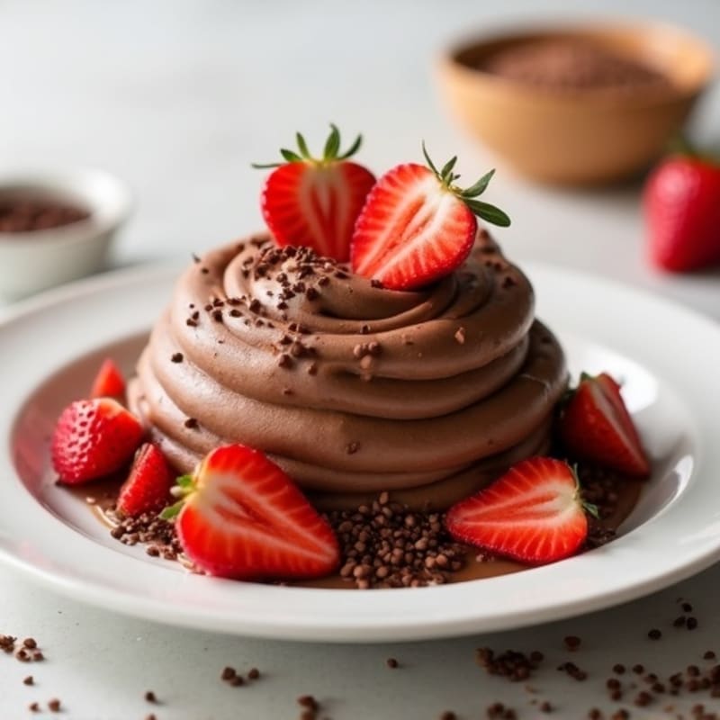 Silky Chocolate Protein Mousse with Sliced Strawberries