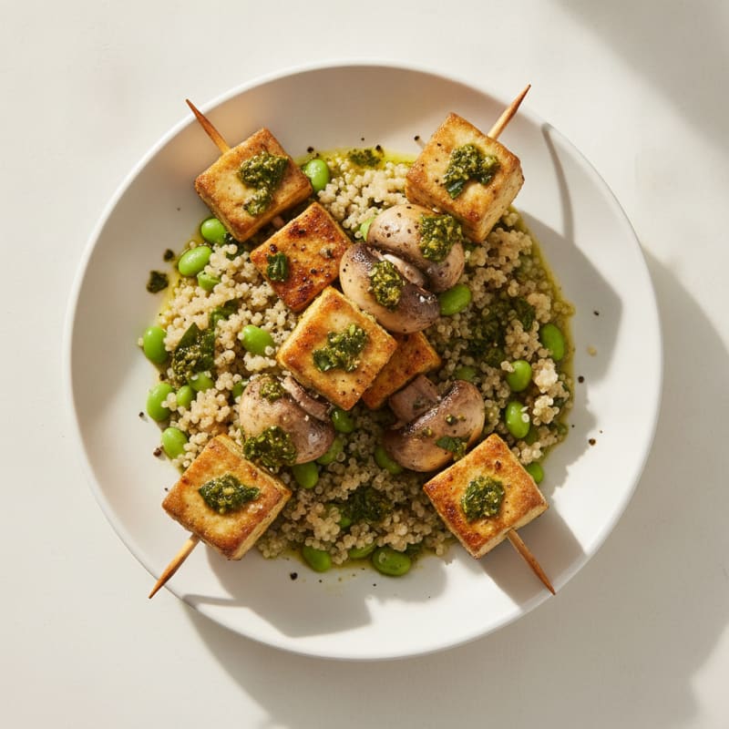 Wild Garlic Tofu and Mushroom Skewers