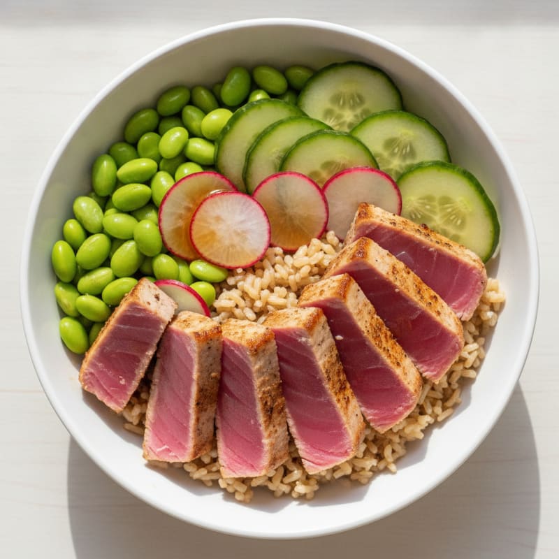 Seared Ahi Tuna Poke Bowl with Edamame and Brown Rice