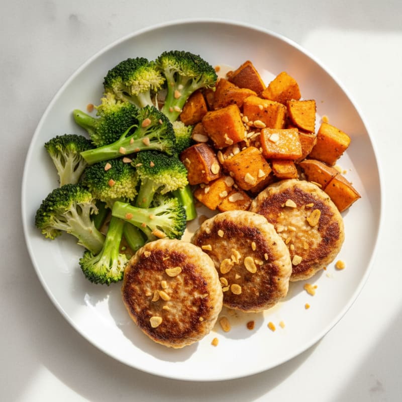 Seared Turkey Patties with Roasted Sweet Potato and Steamed Broccoli