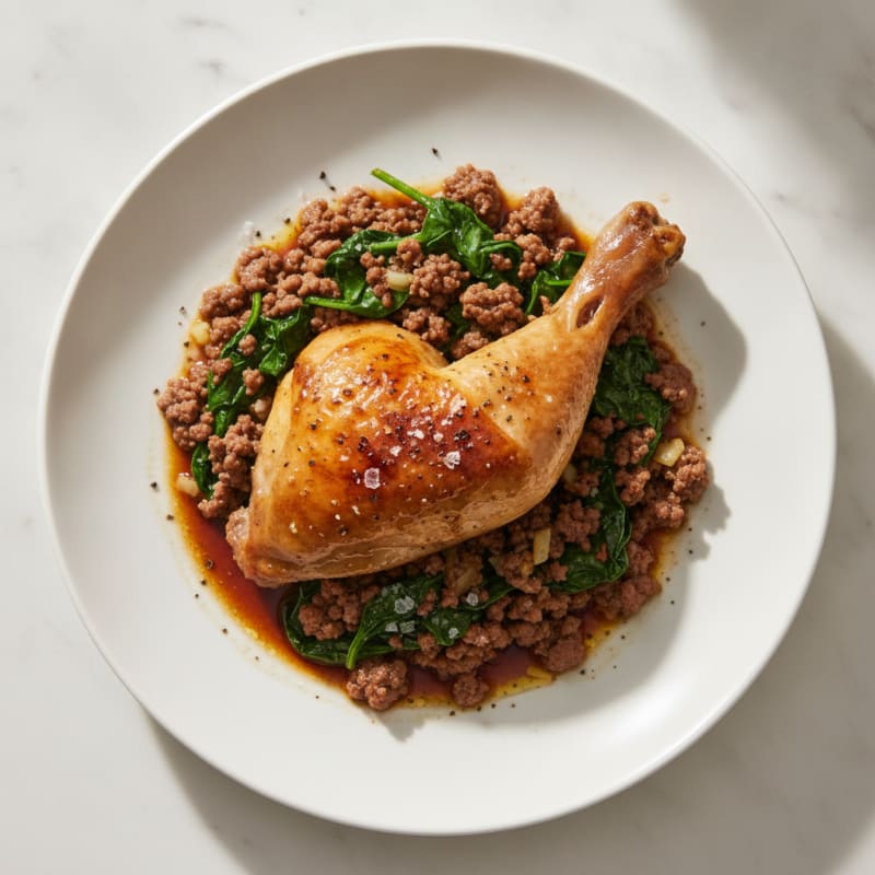 Braised Chicken Leg with Savory Beef and Spinach