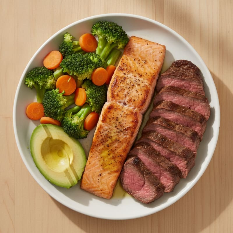 Oven-Baked Salmon with Roasted Beef and Steamed Vegetables