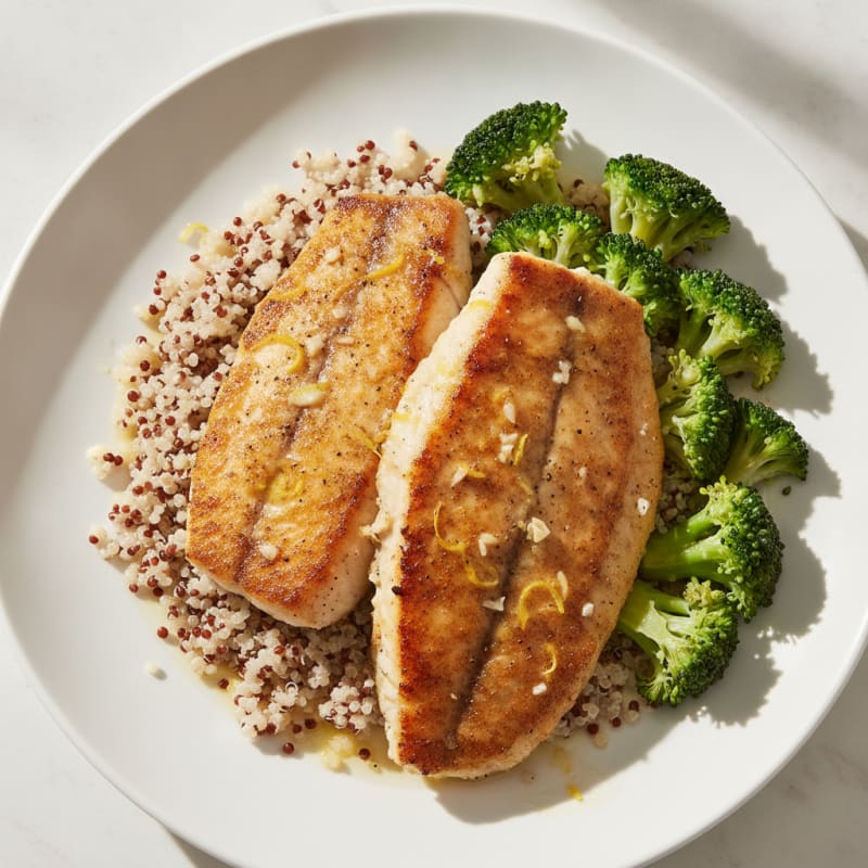 Pan-Seared Tilapia with Steamed Broccoli and Quinoa