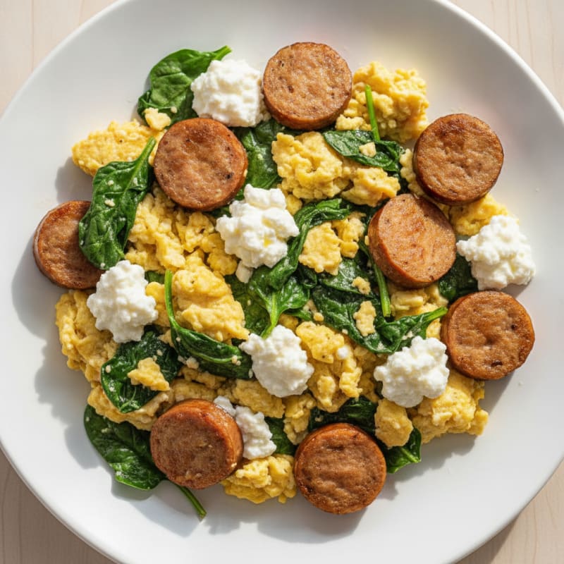 Cottage Cheese Egg Scramble with Spinach and Turkey Sausage