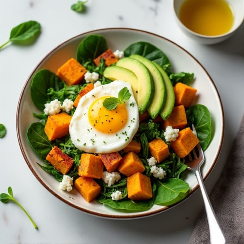 Cottage Cheese Egg White Scramble with Spinach and Roasted Sweet Potato