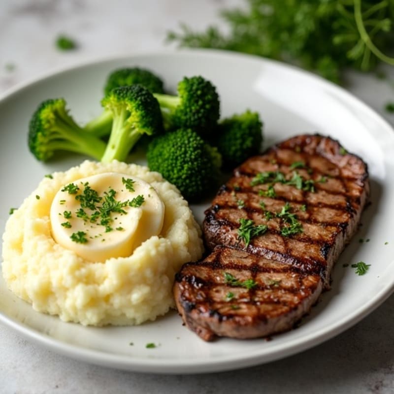 Herb-Crusted Steak with Garlic Mashed Potatoes and Roasted Broccoli