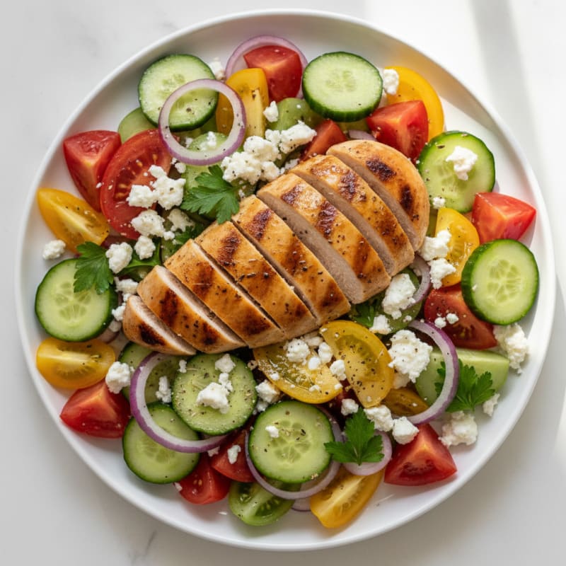 Heirloom Tomato Cucumber Feta Salad with Grilled Chicken
