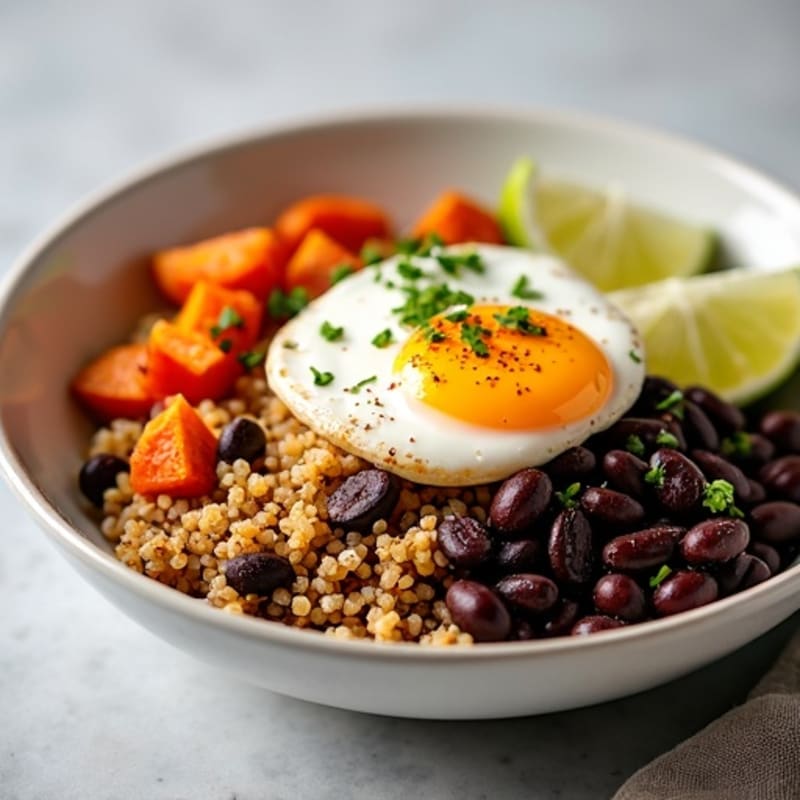Spicy Black Bean Quinoa Bowl with Roasted Sweet Potato