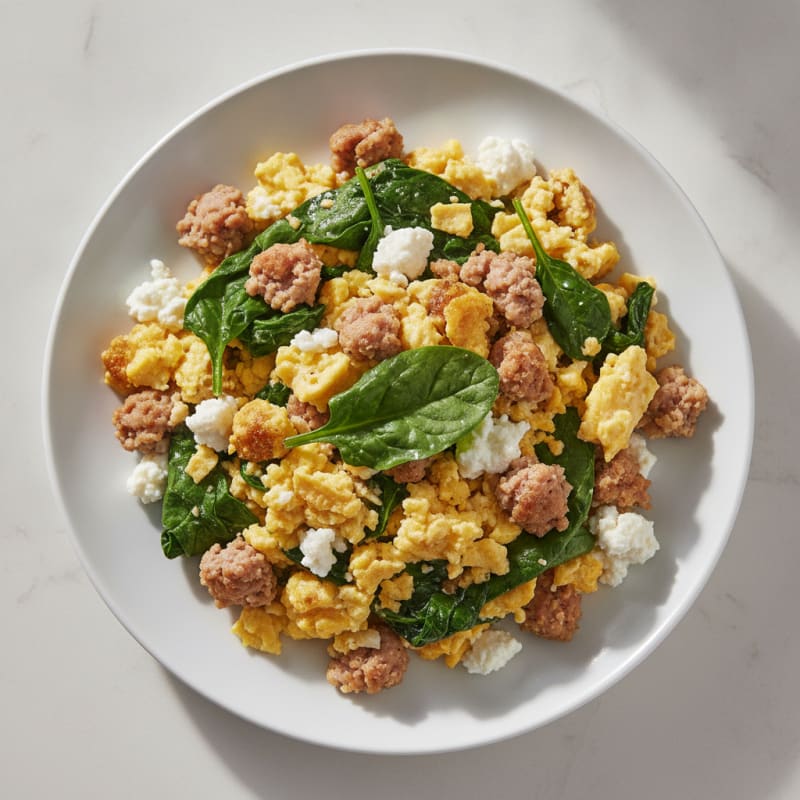 Scrambled Eggs with Turkey Sausage and Cottage Cheese
