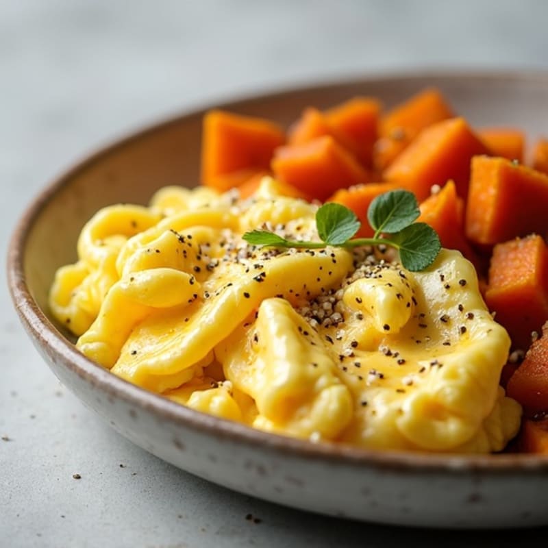 Scrambled Eggs with Chicken Breast and Sweet Potato Hash