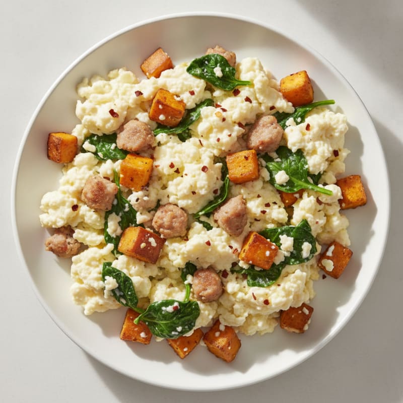 Egg White Scramble with Turkey Sausage and Spinach