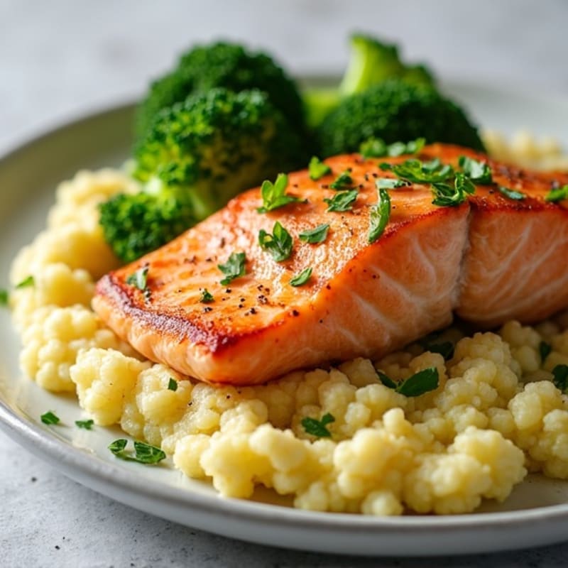 Seared Salmon with Roasted Broccoli and Garlic Mashed Cauliflower