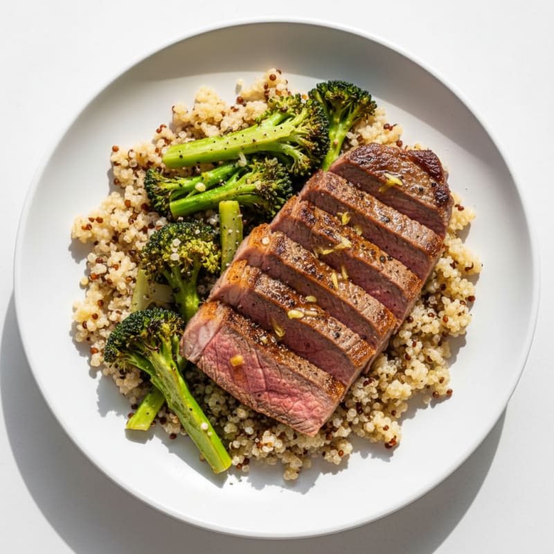 Seared Lean Beef with Roasted Broccoli and Quinoa