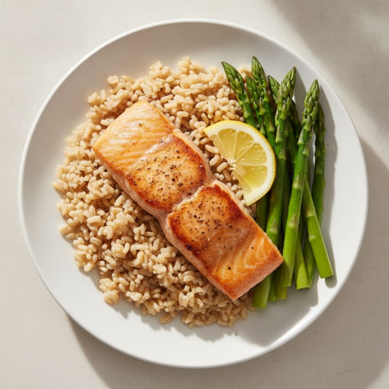 Seared Salmon Fillet with Steamed Asparagus and Brown Rice