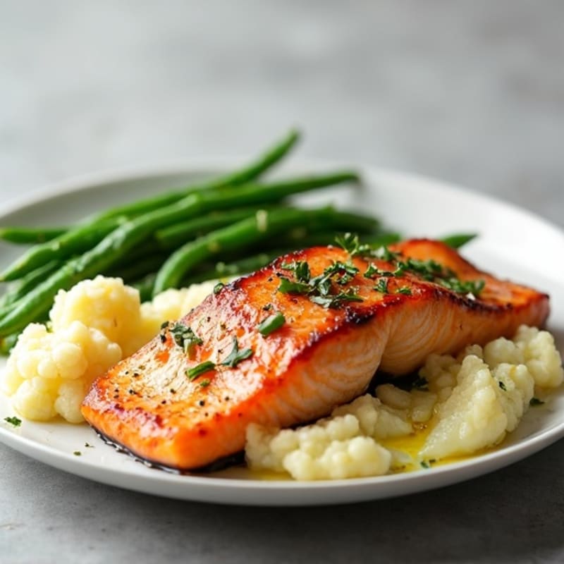 Seared Salmon Fillet with Steamed Green Beans and Garlic Mashed Cauliflower