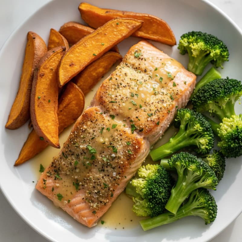 Herb-Crusted Salmon with Roasted Sweet Potatoes