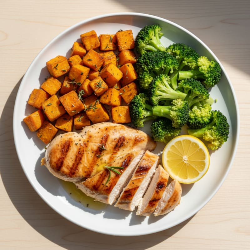 Grilled Chicken Breast with Roasted Sweet Potato and Steamed Broccoli