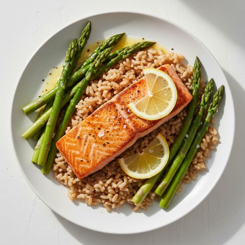 Seared Salmon with Steamed Asparagus and Brown Rice