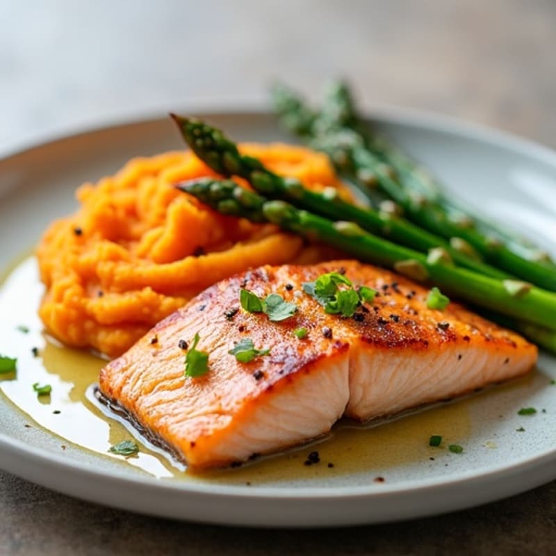 Seared Salmon with Roasted Asparagus and Sweet Potato Mash