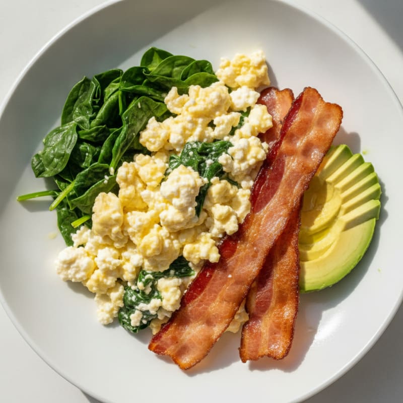 Creamy Cottage Cheese Scramble with Sautéed Spinach and Turkey Bacon