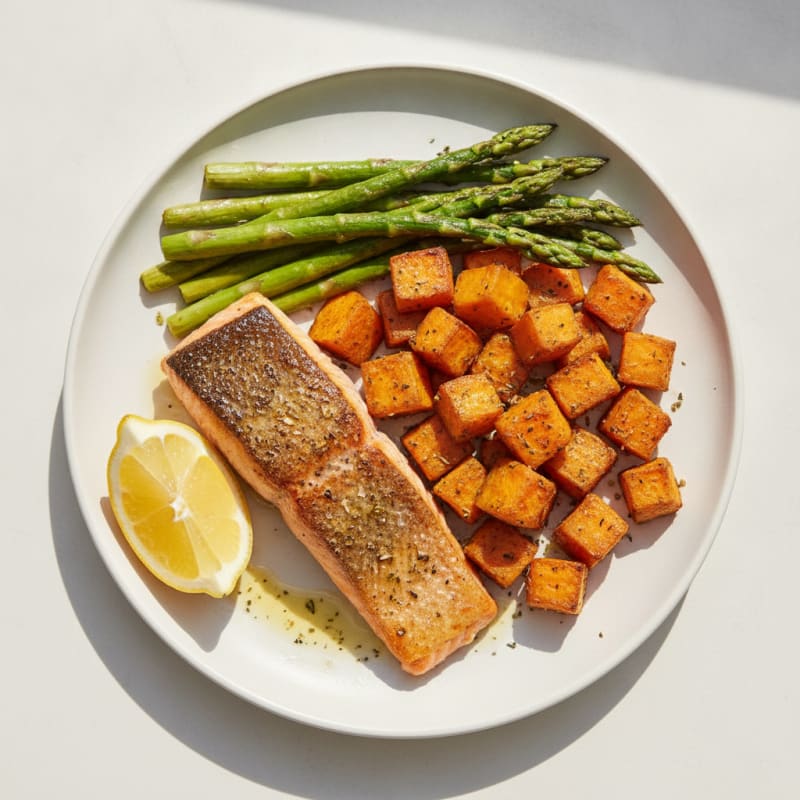 Seared Salmon with Roasted Sweet Potatoes and Asparagus