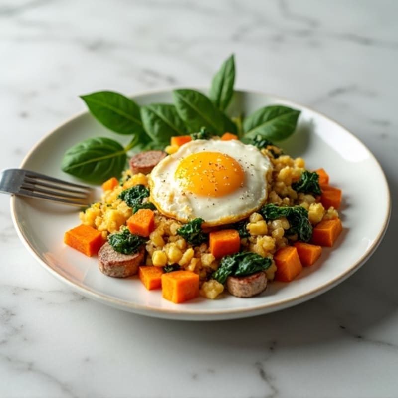 Egg White and Turkey Sausage Scramble with Spinach and Sweet Potato