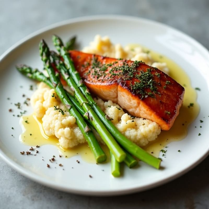 Seared Salmon with Steamed Asparagus and Garlic Mashed Cauliflower