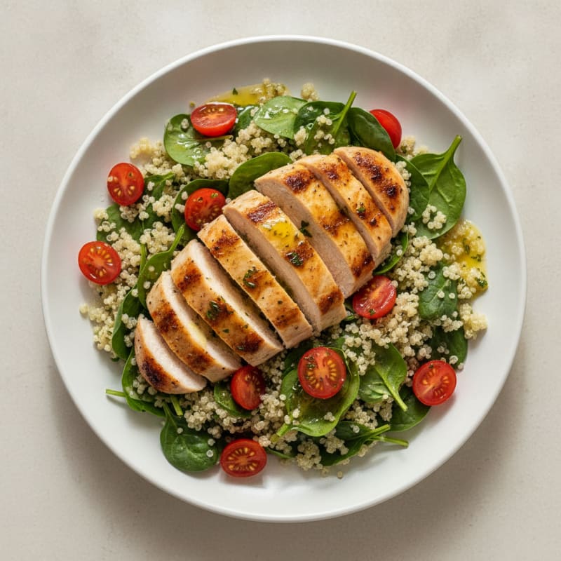 Grilled Chicken Breast with Fresh Spinach and Quinoa Salad