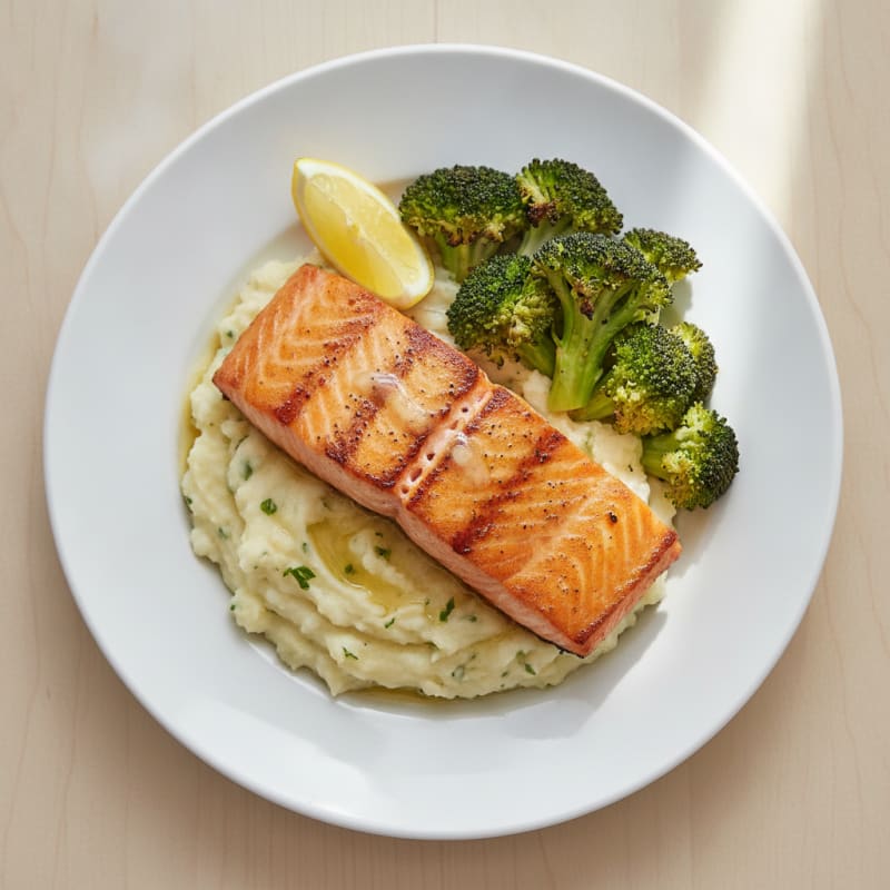 Seared Salmon Fillet with Roasted Broccoli and Garlic Mash