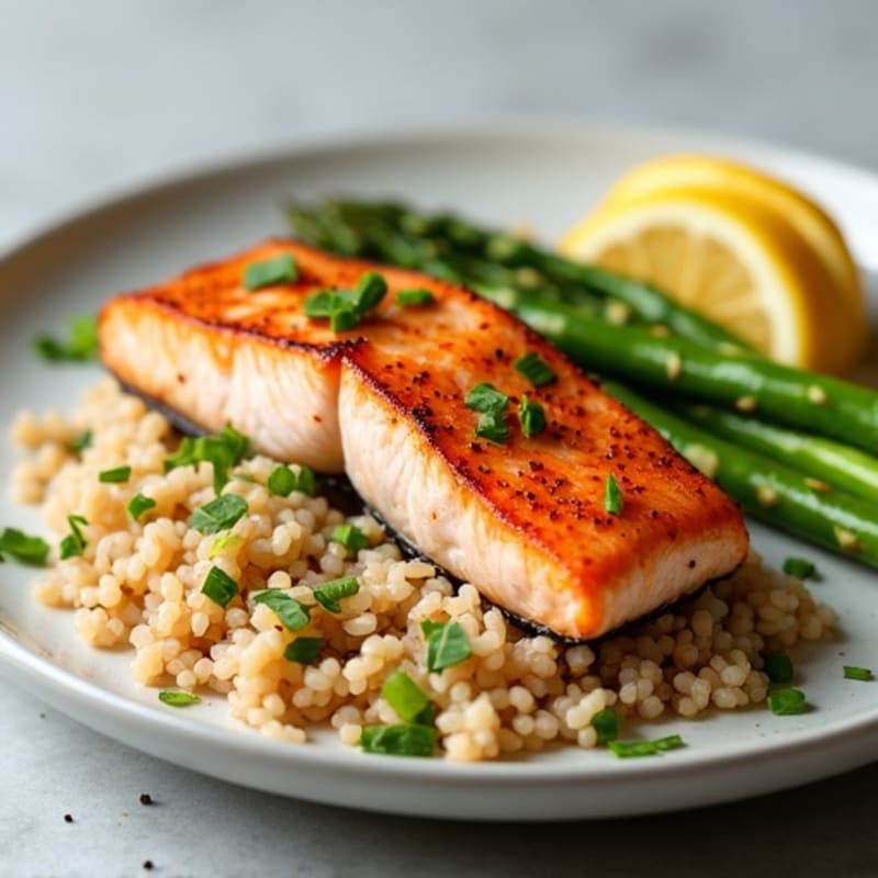 Seared Salmon with Steamed Asparagus and Brown Rice