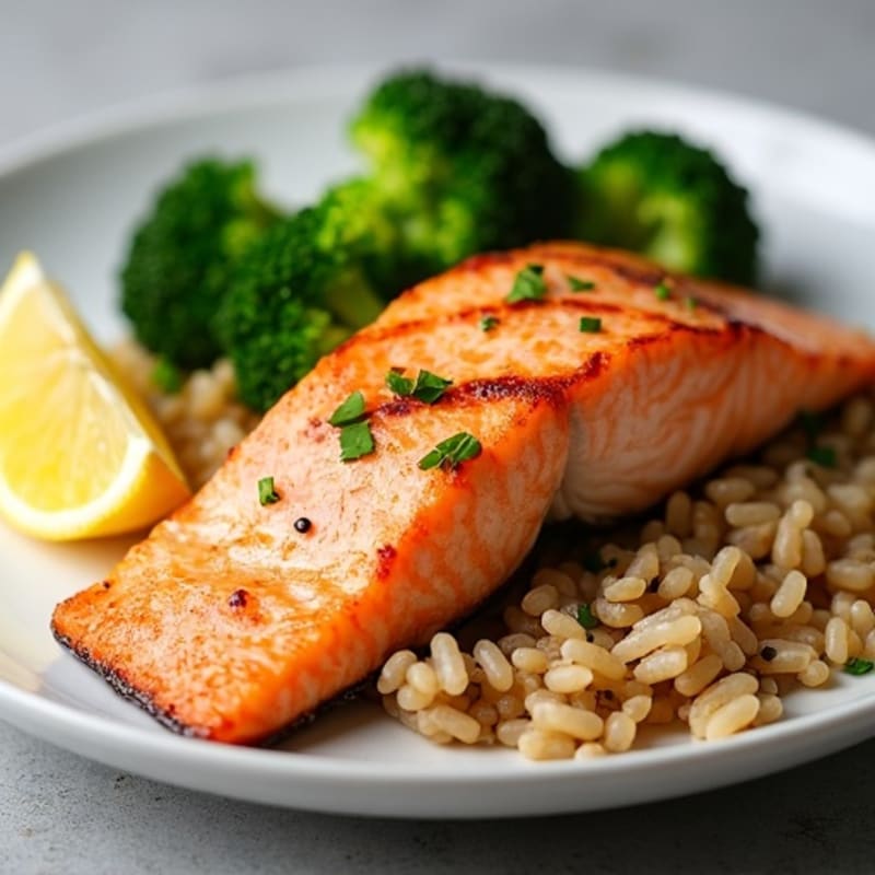 Seared Salmon with Steamed Broccoli and Brown Rice