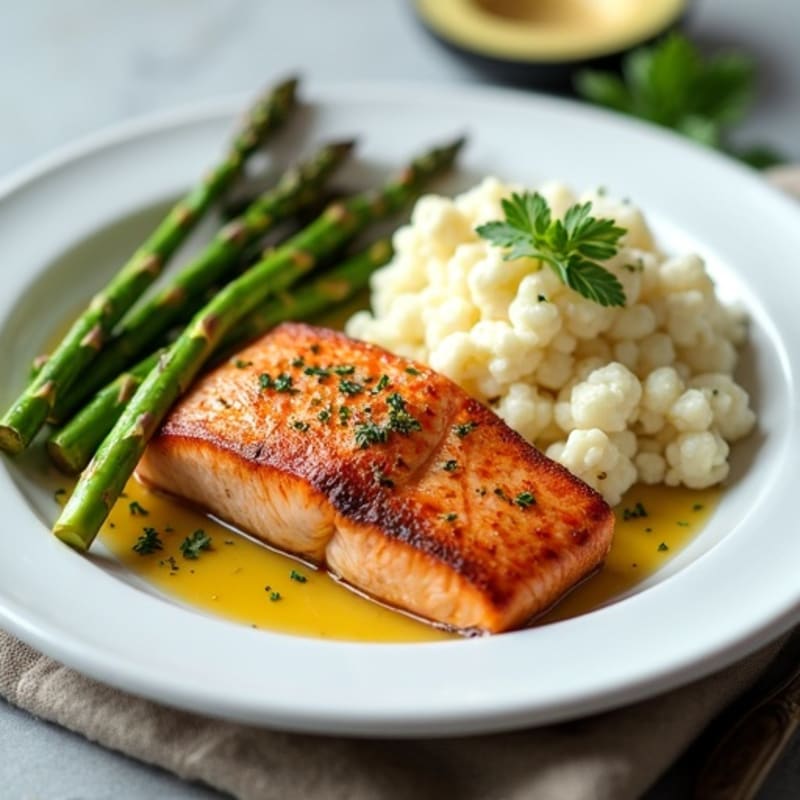 Seared Salmon Fillet with Roasted Asparagus and Cauliflower Mash