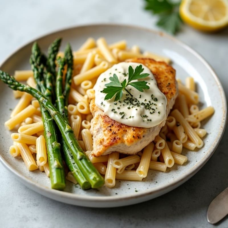 Creamy Lemon Garlic Chicken Whole Wheat Pasta with Roasted Asparagus
