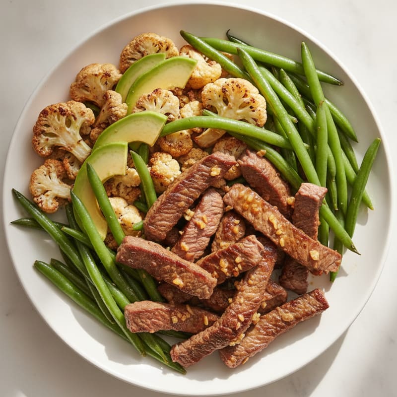 Seared Lean Beef Strips with Roasted Cauliflower and Green Beans
