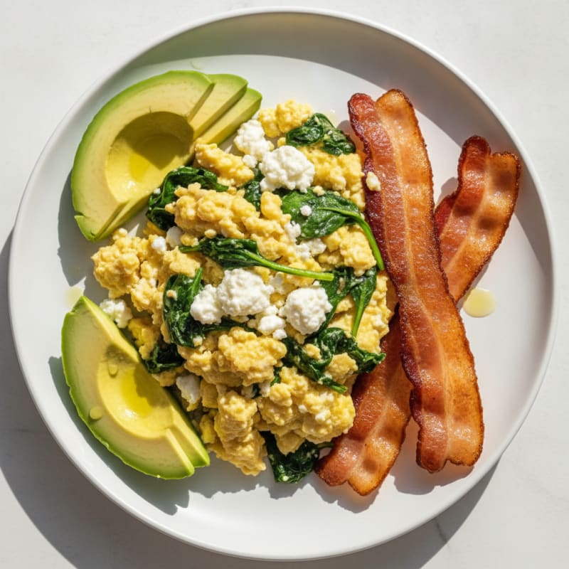 Cottage Cheese Egg Scramble with Spinach and Turkey Bacon