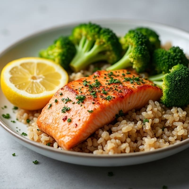 Seared Salmon Fillet with Steamed Broccoli and Brown Rice
