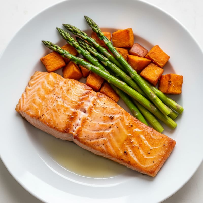 Seared Salmon Fillet with Roasted Sweet Potato and Asparagus