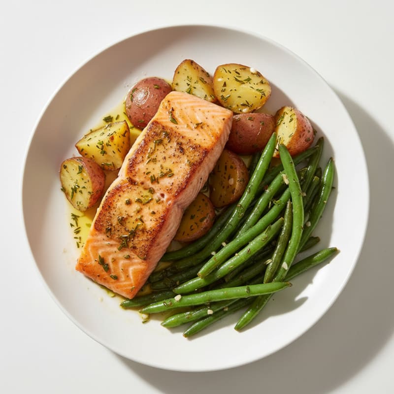 Seared Salmon with Garlic Green Beans and Herb-Roasted Potatoes