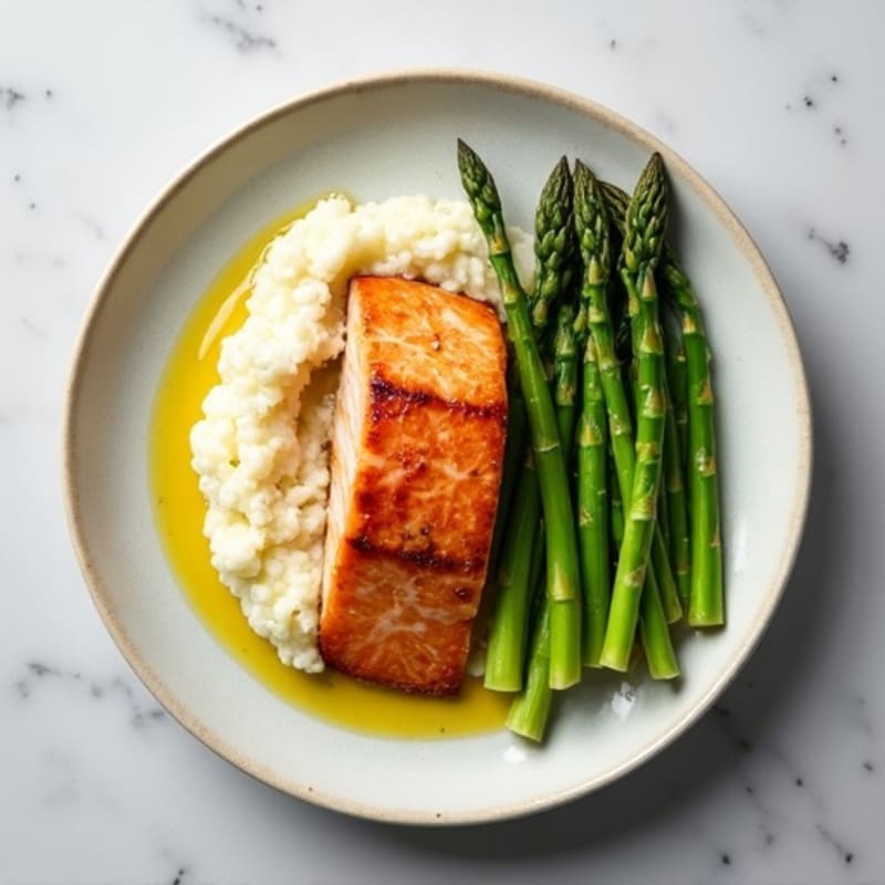Seared Salmon Fillet with Steamed Asparagus and Cauliflower Mash