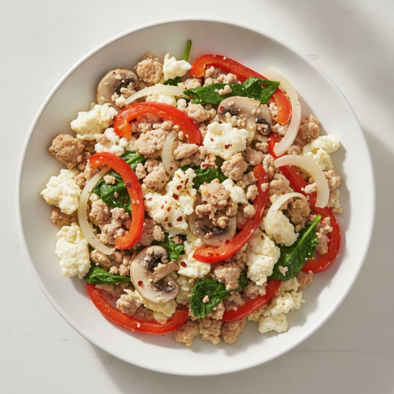 Egg White and Spinach Scramble with Lean Turkey and Sautéed Peppers